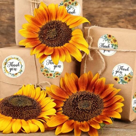 New 500 Piece Roll Self-Adhesive Sunflower Thank You Stickers - 8 Designs - Picture 2 of 3